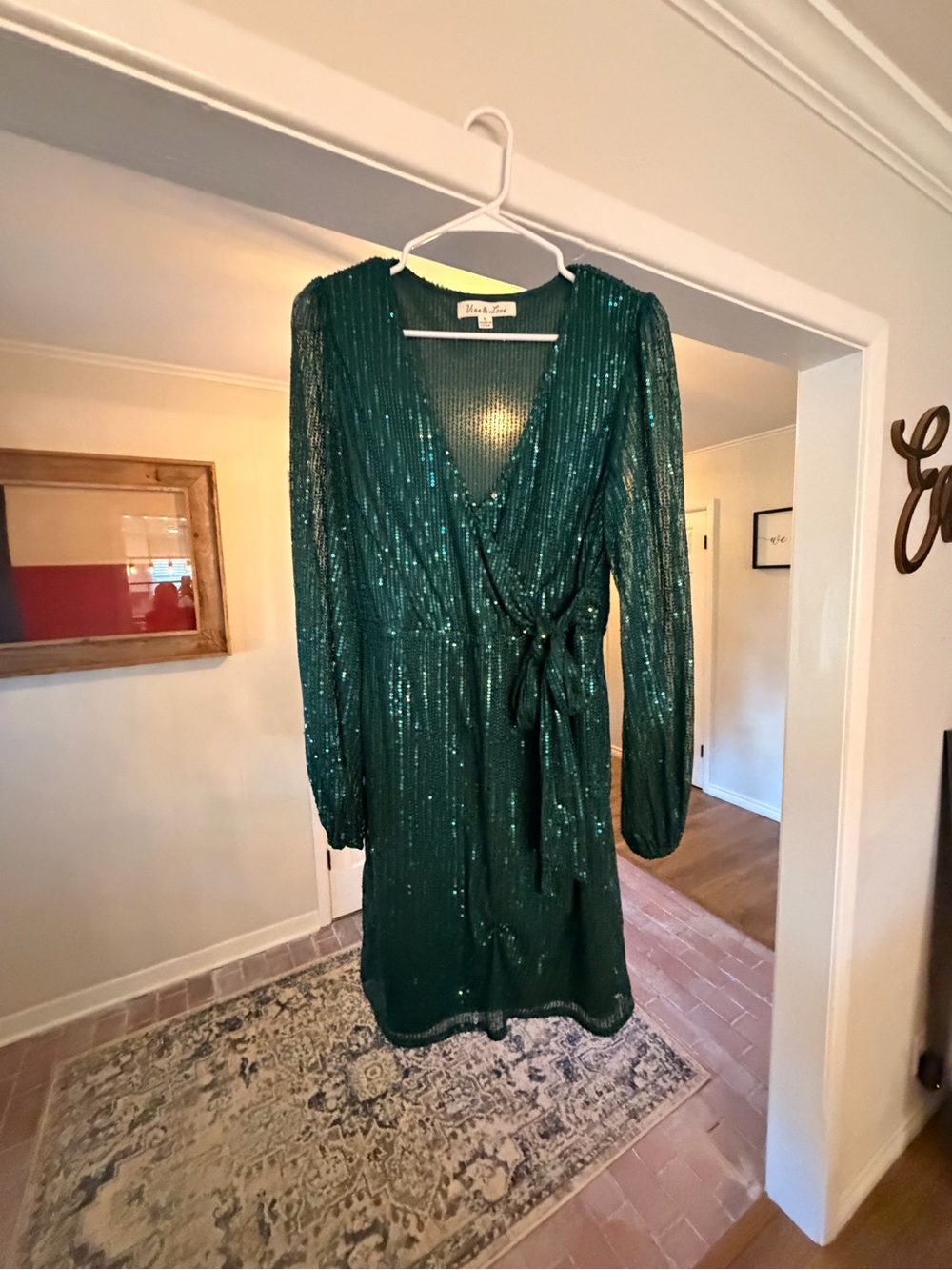 Vine & Love Emerald Green Long Sleeve Sequin Wrap Dress